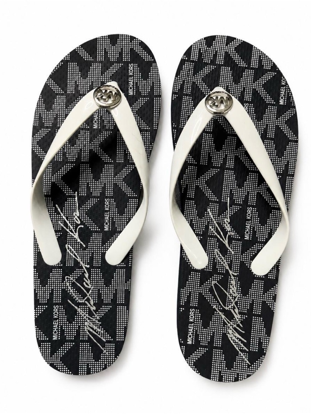 Michael Kors Black and White MK Logo Women’s Flip Flops